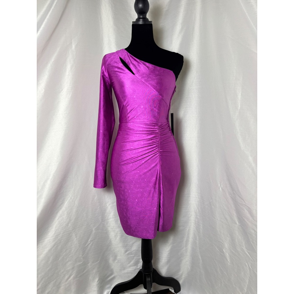 City Vibe Bodycon Dress Womens 0 Magenta Purple NWT One Shoulder Cutout Ruched